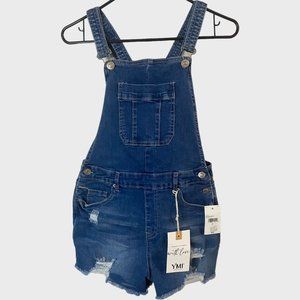 YMI Jean Denim Bib Overall Shorts Women's Size 5/27 Blue Medium Wash Raw Hem New